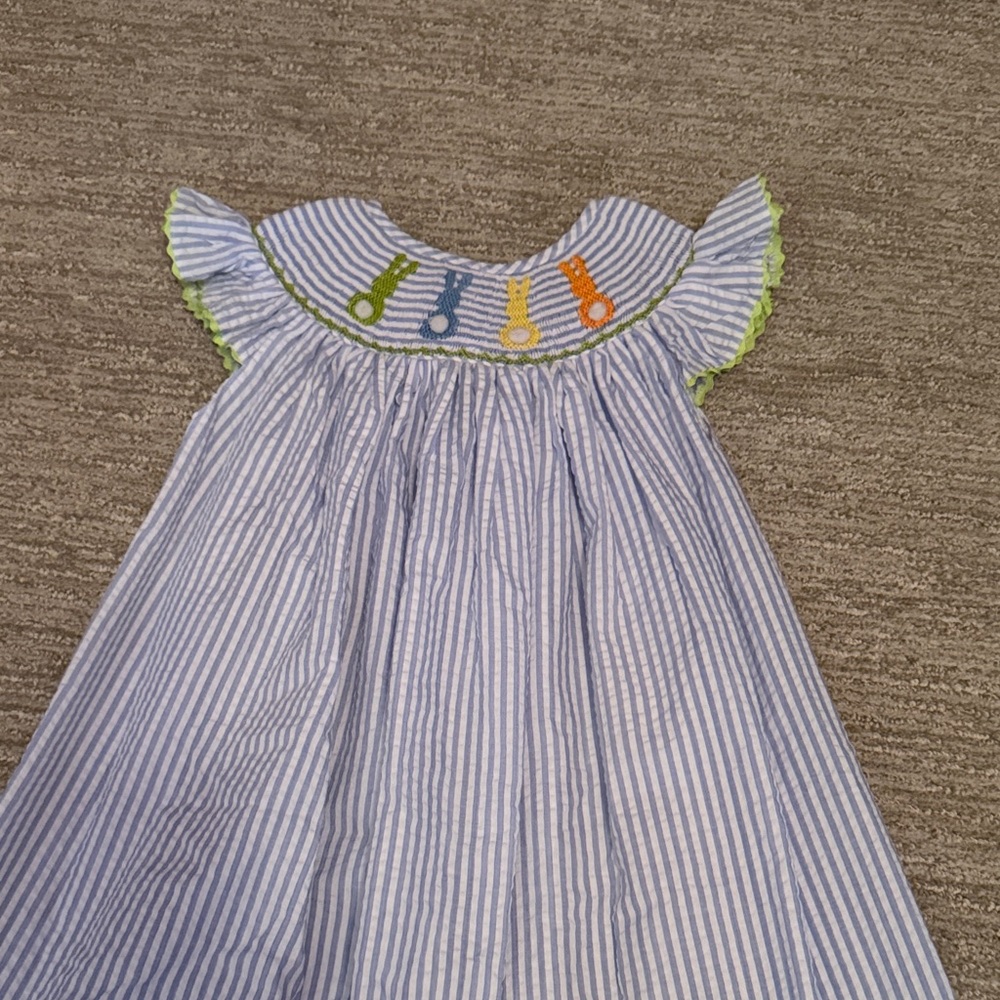 Light Blue Striped Smocked Girls Dress with Colorful Embroidery